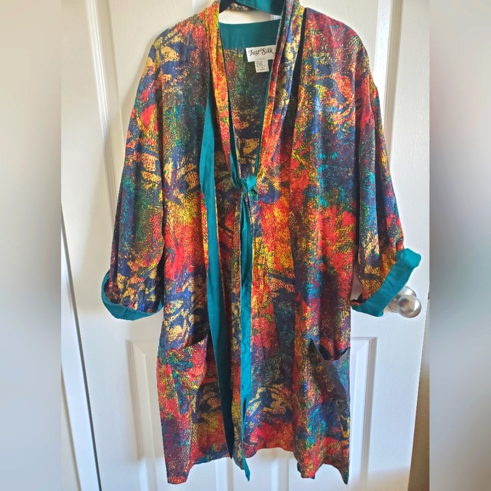Vintage Just Silk Multicolor Teal Red Kimono Jacket Scarf Women's Size M/L